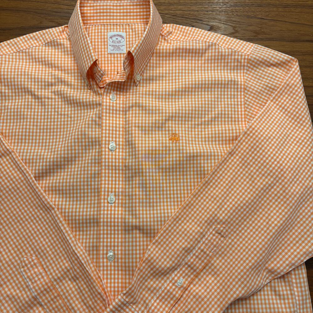 Brooks Brothers men’s orange gingham long sleeve button down dress shirt Size M
